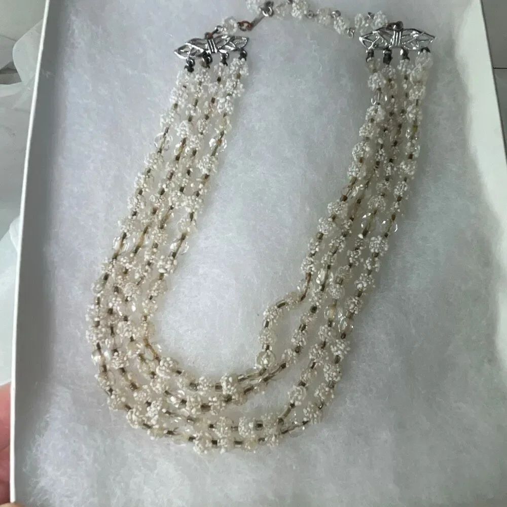 Midcentury vintage 4 strand necklace unique bumpy beads AB beads